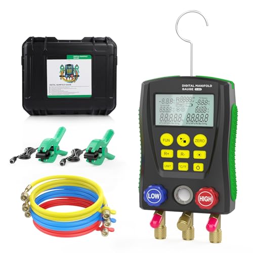PARAOUTIL Digitales Manometer-Set HVAC Vakuumdruck- und Temperaturtester mit Kältemittelschläuchen und Temperaturklemmen zur Prüfung der Wartung von Klimaanlagen und Kühlschränken von PARAOUTIL