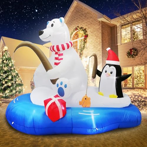 PARAYOYO 180 cm großer aufblasbarer Weihnachtsbär, der mit Pinguin angelt, aufblasbarer Weihnachtseisbär und Pinguin mit 7 integrierten Hellen LED-Lichtern für Weihnachtsdekorationen im Garten von PARAYOYO