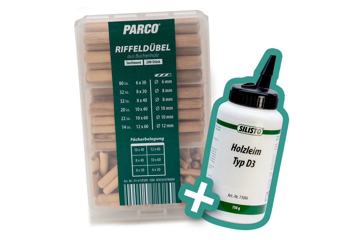 PARCO Dübel-Set PARCO Riffeldübel Sortiment + Holzleim von PARCO