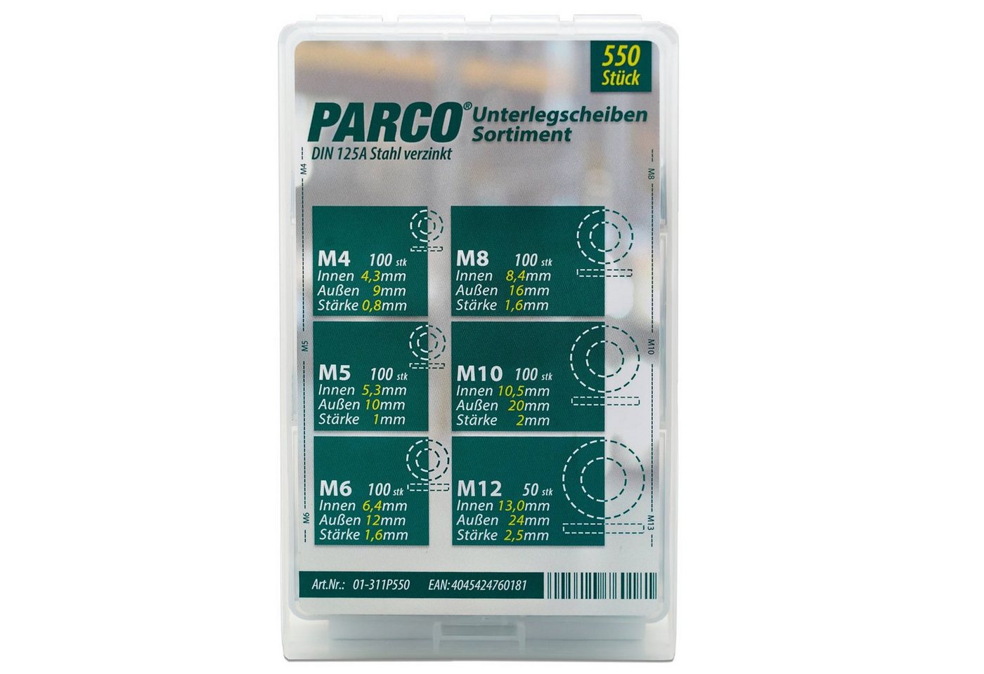 PARCO Unterlegscheibe Unterlegscheiben Sortiment DIN125 A vz. 550 Stück von PARCO