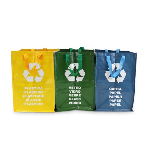 PARENCE.- Set mit 3 Recycling-Beuteln - Widerstandsfähige Tragetaschen für Glas, Kunststoff und Papier - Velcro-Haken, leicht zu entleeren - gelb, grün, blau PARENCE.- Set mit 3 Recycling-Beuteln - Widerstandsfähige Tragetaschen für Glas, Kunststoff und Papier - Velcro-Haken, leicht zu entleeren - gelb, grün, blau von PARENCE