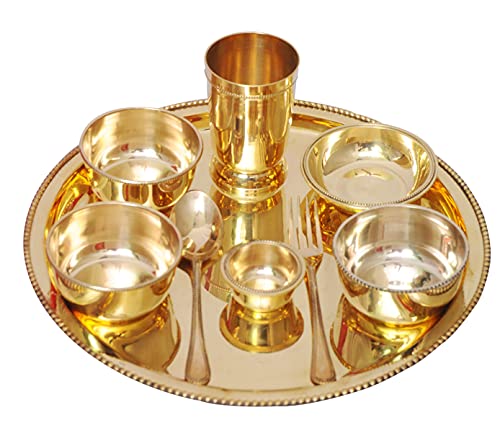 PARIJAT HANDICRAFT Indisches Geschirr Messing traditionelles Abendessen Set aus Thali-Teller, Schalen, Glas und Löffel, wunderschön handgefertigtes Geschirr für Geschenk (Essgeschirr-Set02) von PARIJAT HANDICRAFT