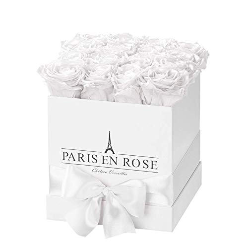PARIS EN ROSE Rosenbox ECKIG | mit 12 weißen Infinity Rosen Größe XL | eckige, weiße Box mit Schleife | ewige Rose | 3 Jahre haltbar | Grußkarte von PARIS EN ROSE