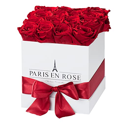 PARIS EN ROSE Rosenbox ECKIG | mit 12 Bordeaux-roten Infinity Rosen Größe XL | eckige, weiße Box mit Schleife | ewige Rose | 3 Jahre haltbar | Grußkarte von PARIS EN ROSE