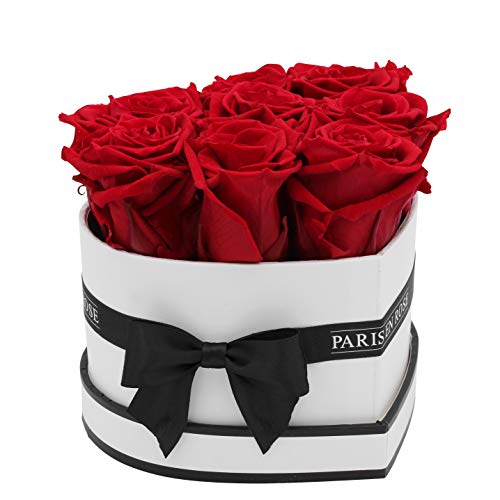 PARIS EN ROSE Rosenbox Herz | mit 8 Bordeaux-roten Infinity Rosen Größe XL | herzförmige Box in Weiß mit Schwarz | ewige Rose | 3 Jahre haltbar | Grußkarte von PARIS EN ROSE