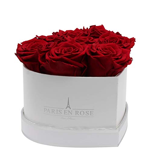 PARIS EN ROSE Rosenbox HERZ | mit 8 bordeaux-roten Infinity Rosen Größe XL | herzförmige Box in Weiß mit Silber | ewige Rose | 3 Jahre haltbar | Grußkarte von PARIS EN ROSE