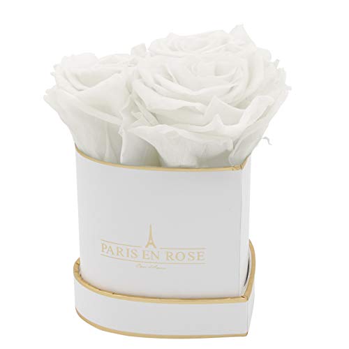 PARIS EN ROSE Rosenbox Herz | mit 3 weißen Infinity Rosen Größe XL | herzförmige Box in Weiß mit Gold | ewige Rose | 3 Jahre haltbar | Grußkarte von PARIS EN ROSE