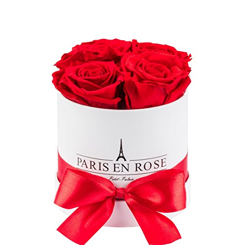 PARIS EN ROSE Rosenbox | mit 4 roten Infinity Rosen Größe XL | konservierte ewige Rose | runde weiße Box mit Schleife | 3 Jahre haltbar | Grußkarte von PARIS EN ROSE