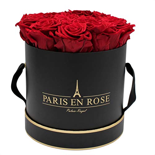 PARIS EN ROSE Rosenbox | mit 14 Bordeaux-roten Infinity Rosen Größe XL | konservierte ewige Rose |runde Schwarz-Goldene Box | 3 Jahre haltbar | Grußkarte von PARIS EN ROSE