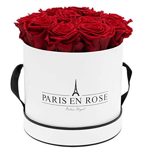 PARIS EN ROSE Rosenbox | mit 14 Bordeaux-roten Infinity Rosen Größe XL | konservierte ewige Rose | runde Weiß-Schwarze Box | 3 Jahre haltbar | Grußkarte von PARIS EN ROSE