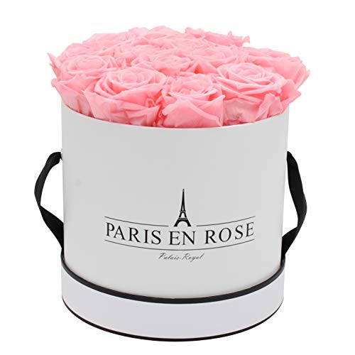 PARIS EN ROSE Rosenbox | mit 14 rosa Infinity Rosen Größe XL | konservierte ewige Rose | runde Weiß-Schwarze Box | 3 Jahre haltbar | Grußkarte von PARIS EN ROSE