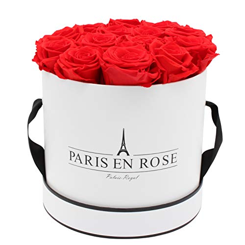 PARIS EN ROSE Rosenbox | mit 14 roten Infinity Rosen Größe XL | konservierte ewige Rose | runde Weiß-Schwarze Box | 3 Jahre haltbar | Grußkarte von PARIS EN ROSE