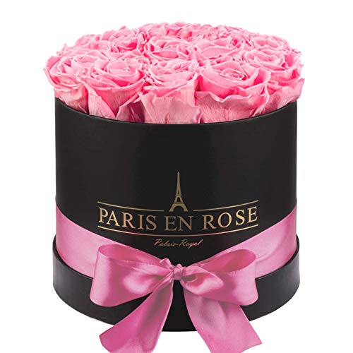 PARIS EN ROSE Rosenbox | mit 14 rosa Infinity Rosen Größe XL | konservierte ewige Rose | Schwarze Box mit Schleife | 3 Jahre haltbar | Grußkarte von PARIS EN ROSE