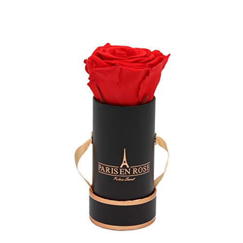 PARIS EN ROSE Rosenbox | mit Einer roten Infinity Rose Größe XL | ewige Rose | runde Box Schwarz-Rosegold | 3 Jahre haltbar | Grußkarte von PARIS EN ROSE