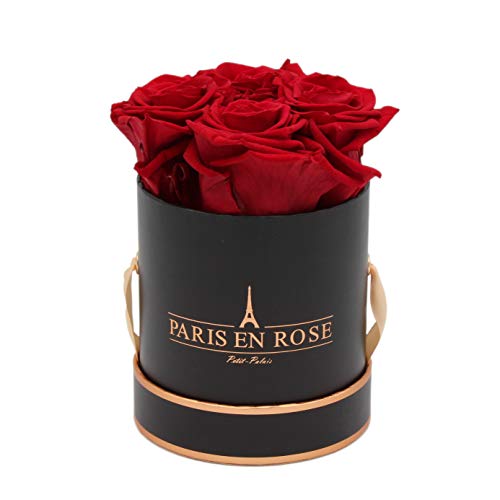 PARIS EN ROSE Rosenbox | mit 4 Bordeaux-roten Infinity Rosen Größe XL | konservierte ewige Rose | runde Schwarz-Rosegold Box | 3 Jahre haltbar | Grußkarte von PARIS EN ROSE