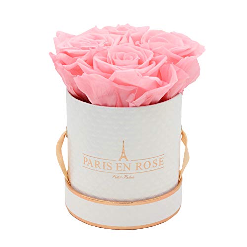 PARIS EN ROSE Rosenbox Deluxe | mit 4 rosa Infinity Rosen Größe XL | konservierte ewige Rose | runde Weiß-Roségold Box | 3 Jahre haltbar | Grußkarte von PARIS EN ROSE