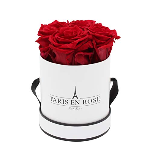 PARIS EN ROSE Rosenbox | mit 4 Bordeaux-roten Infinity Rosen Größe XL | konservierte ewige Rose | runde Weiß-Schwarze Box |3 Jahre haltbar | Grußkarte von PARIS EN ROSE
