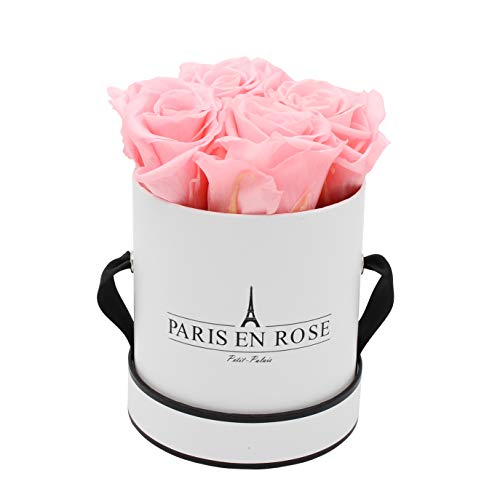 PARIS EN ROSE Rosenbox | mit 4 rosa Infinity Rosen Größe XL | konservierte ewige Rose | runde Weiß-Schwarze Box |3 Jahre haltbar von PARIS EN ROSE