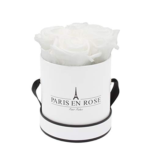 PARIS EN ROSE Rosenbox | mit 4 weißen Infinity Rosen Größe XL | konservierte ewige Rose | runde Weiß-Schwarze Box |3 Jahre haltbar | Grußkarte von PARIS EN ROSE