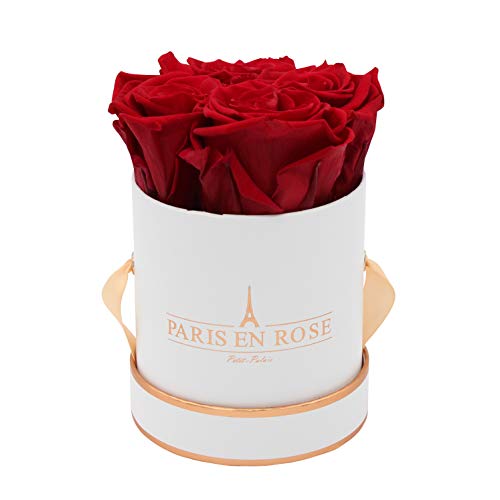 PARIS EN ROSE Rosenbox | mit 4 Bordeaux-roten Infinity Rosen Größe XL | konservierte ewige Rose | runde Weiß-Rosegold Box | 3 Jahre haltbar von PARIS EN ROSE