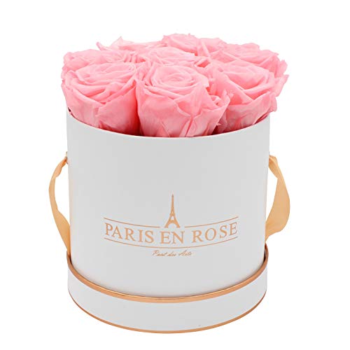 PARIS EN ROSE Rosenbox | mit 9 rosa Infinity Rosen Größe XL | konservierte ewige Rose | runde Weiß-Roségold Box | 3 Jahre haltbar | Grußkarte von PARIS EN ROSE