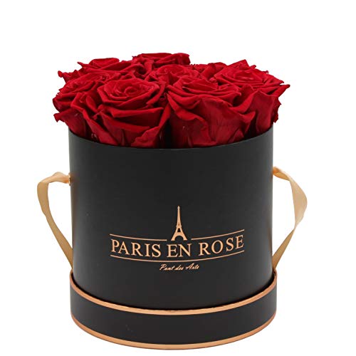 PARIS EN ROSE Rosenbox | mit 9 Bordeaux-roten Infinity Rosen Größe XL | konservierte ewige Rose | runde Schwarz-Roségold Box | 3 Jahre haltbar | Grußkarte von PARIS EN ROSE