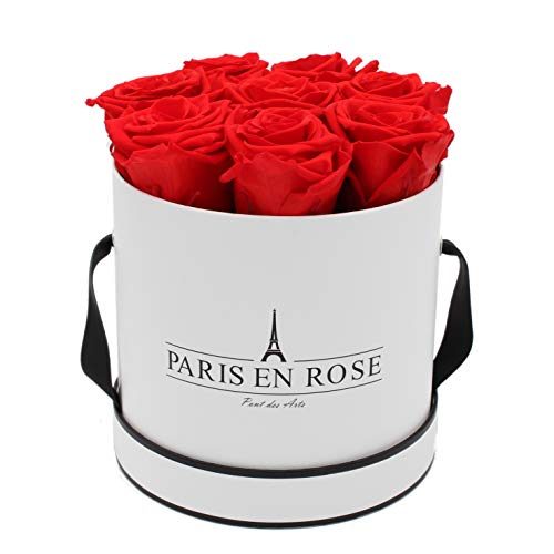 PARIS EN ROSE Rosenbox | mit 9 roten Infinity Rosen Größe XL | konservierte ewige Rose | runde Weiß-Schwarze Box | 3 Jahre haltbar | Grußkarte von PARIS EN ROSE