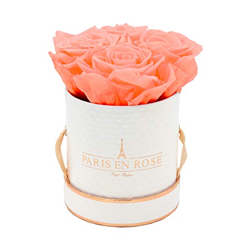 PARIS EN ROSE Rosenbox DELUXE | mit 4 orangenen Infinity Rosen Größe XL | konservierte ewige Rose | runde Weiß-Roségold Box | 3 Jahre haltbar | Grußkarte von PARIS EN ROSE