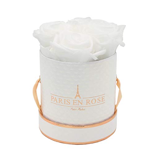PARIS EN ROSE Rosenbox DELUXE | mit 4 weißen Infinity Rosen Größe XL | konservierte ewige Rose | runde Weiß-Roségold Box | 3 Jahre haltbar | Grußkarte von PARIS EN ROSE