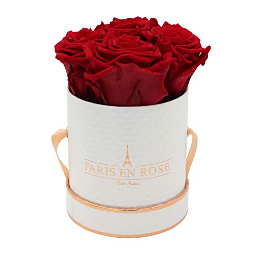 PARIS EN ROSE Rosenbox Deluxe | mit 4 Bordeaux-roten Infinity Rosen Größe XL | konservierte ewige Rose | runde Weiß-Roségold Box | 3 Jahre haltbar | Grußkarte von PARIS EN ROSE