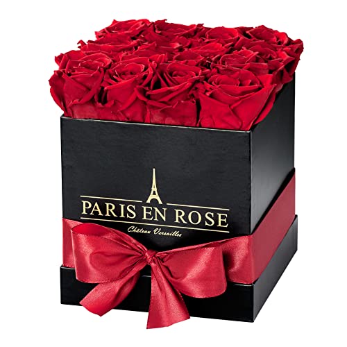 PARIS EN ROSE Rosenbox ECKIG | mit 12 Bordeaux-roten Infinity Rosen Größe XL | eckige, Schwarze Box mit Schleife | ewige Rose | 3 Jahre haltbar | Grußkarte von PARIS EN ROSE