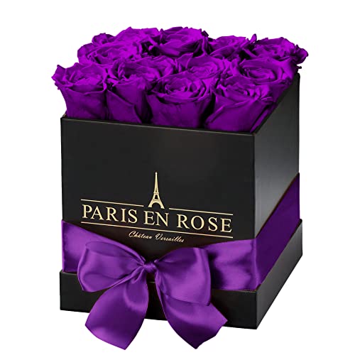 PARIS EN ROSE Rosenbox ECKIG | mit 12 lila Infinity Rosen Größe XL | eckige, Schwarze Box mit Schleife | ewige Rose | 3 Jahre haltbar | Grußkarte von PARIS EN ROSE