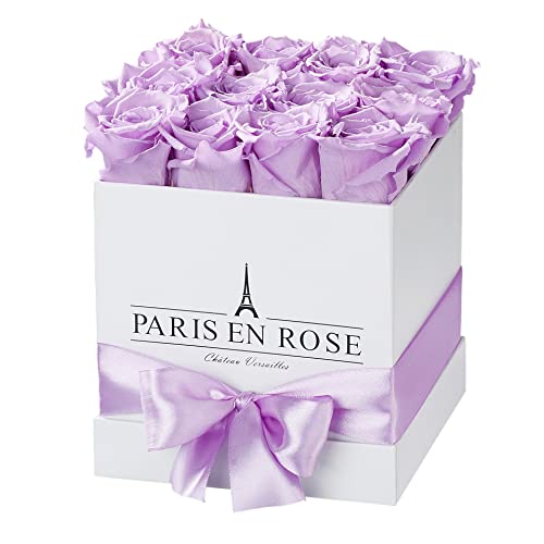 PARIS EN ROSE Rosenbox ECKIG | mit 12 lila Infinity Rosen Größe XL | eckige, weiße Box mit Schleife | ewige Rose | 3 Jahre haltbar | Grußkarte von PARIS EN ROSE