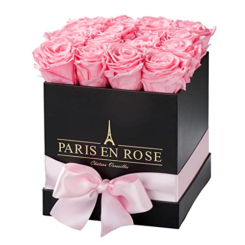 PARIS EN ROSE Rosenbox ECKIG | mit 12 rosa Infinity Rosen Größe XL | eckige, schwarze Box mit Schleife | ewige Rose | 3 Jahre haltbar | Grußkarte von PARIS EN ROSE