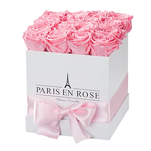 PARIS EN ROSE Rosenbox ECKIG | mit 12 rosa Infinity Rosen Größe XL | eckige, weiße Box mit Schleife | ewige Rose | 3 Jahre haltbar | Grußkarte von PARIS EN ROSE