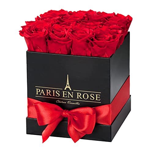 PARIS EN ROSE Rosenbox ECKIG | mit 12 roten Infinity Rosen Größe XL | eckige, Schwarze Box mit Schleife | ewige Rose | 3 Jahre haltbar | Grußkarte von PARIS EN ROSE