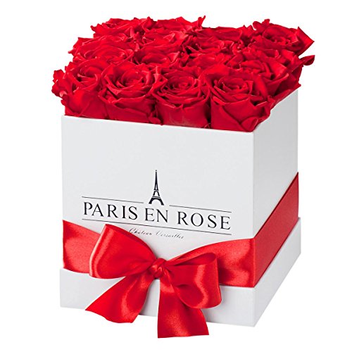 PARIS EN ROSE Rosenbox ECKIG | mit 12 roten Infinity Rosen Größe XL | eckige, weiße Box mit Schleife | ewige Rose | 3 Jahre haltbar | Grußkarte von PARIS EN ROSE