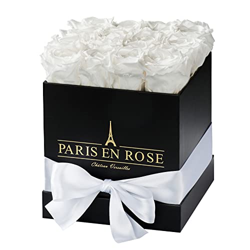 PARIS EN ROSE Rosenbox ECKIG | mit 12 weißen Infinity Rosen Größe XL | eckige, Schwarze Box mit Schleife | ewige Rose | 3 Jahre haltbar | Grußkarte von PARIS EN ROSE