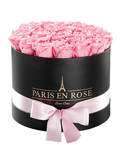 PARIS EN ROSE Rosenbox GIGANT | mit 26-33 rosaroten Infinity Rosen Größe XL | konservierte ewige Rose | schwarze Box mit Schleife | 3 Jahre haltbar | Grußkarte von PARIS EN ROSE