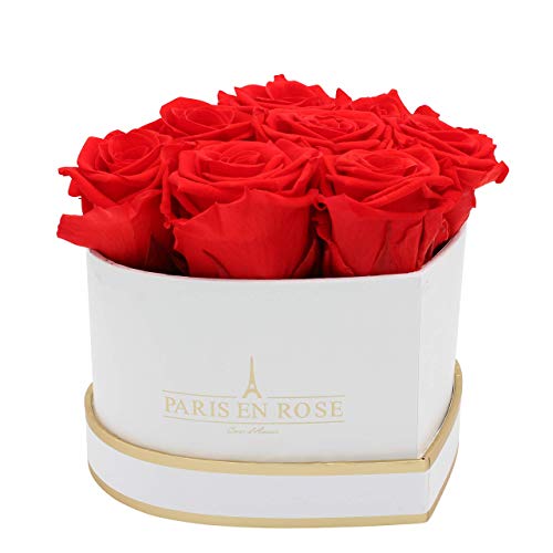 PARIS EN ROSE Rosenbox HERZ | mit 8 roten Infinity Rosen Größe XL | herzförmige Box in Weiß mit Gold | ewige Rose | 3 Jahre haltbar | Grußkarte von PARIS EN ROSE