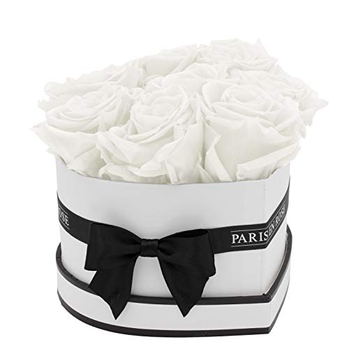 PARIS EN ROSE Rosenbox HERZ | mit 8 weißen Infinity Rosen Größe XL | herzförmige Box in Weiß mit Schwarz | ewige Rose | 3 Jahre haltbar | Grußkarte von PARIS EN ROSE