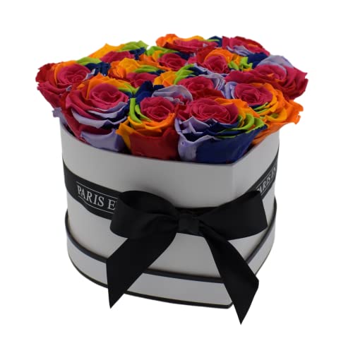 PARIS EN ROSE Rosenbox Herz Rainbow | mit 13 konservierten Infinity Rosen Größe XL | ewige Rose | Regenbogen | Box in Weiß-schwarz | 3 Jahre haltbar von PARIS EN ROSE