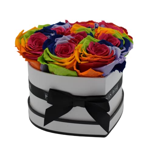 PARIS EN ROSE Rosenbox Herz Rainbow | mit 8 konservierten Infinity Rosen Größe XL | ewige Rose | Regenbogen | Box in Weiß-schwarz | 3 Jahre haltbar von PARIS EN ROSE