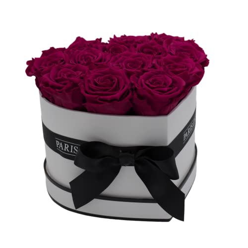 PARIS EN ROSE Rosenbox Herz in Pink | mit 13 konservierten Infinity Rosen in Größe XL | Ewige Rose | Box herzform weiß mit schwarz |3 Jahre haltbar | Grußkarte von PARIS EN ROSE