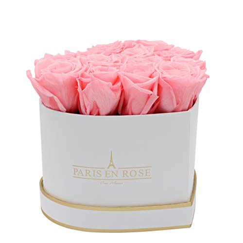 PARIS EN ROSE Rosenbox Herz | mit 13 rosa Infinity Rosen Größe XL | herzförmige Box in Weiß mit Gold | ewige Rose | 3 Jahre haltbar | Grußkarte von PARIS EN ROSE