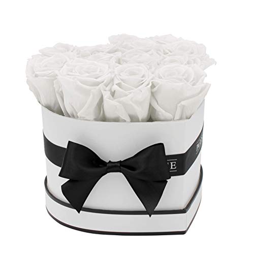 PARIS EN ROSE Rosenbox Herz | mit 13 weißen Infinity Rosen Größe XL | herzförmige Box in Weiß mit Schwarz | ewige Rose | 3 Jahre haltbar | Grußkarte von PARIS EN ROSE