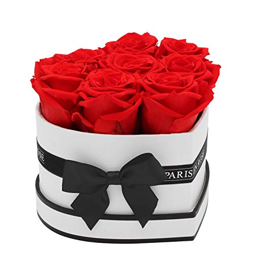 PARIS EN ROSE Rosenbox HERZ | mit 8 roten Infinity Rosen Größe XL | herzförmige Box in Weiß mit Schwarz | ewige Rose | 3 Jahre haltbar | Grußkarte von PARIS EN ROSE