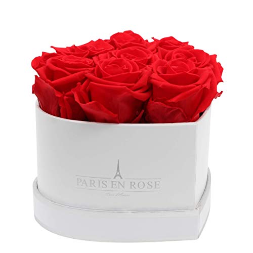 PARIS EN ROSE Rosenbox Herz | mit 8 roten Infinity Rosen Größe XL | herzförmige Box in Weiß mit Silber | ewige Rose | 3 Jahre haltbar | Grußkarte von PARIS EN ROSE