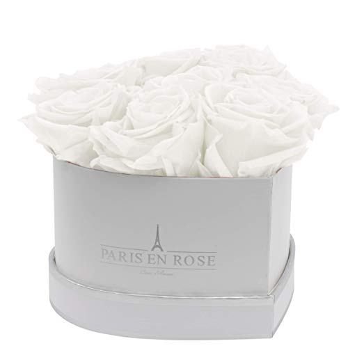 PARIS EN ROSE Rosenbox Herz | mit 8 weißen Infinity Rosen Größe XL | herzförmige Box in Weiß mit Silber | ewige Rose | 3 Jahre haltbar | Grußkarte von PARIS EN ROSE