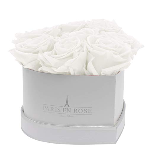 PARIS EN ROSE Rosenbox HERZ | mit 8 weißen Infinity Rosen Größe XL | herzförmige Box in Weiß mit Silber | ewige Rose | 3 Jahre haltbar | Grußkarte von PARIS EN ROSE